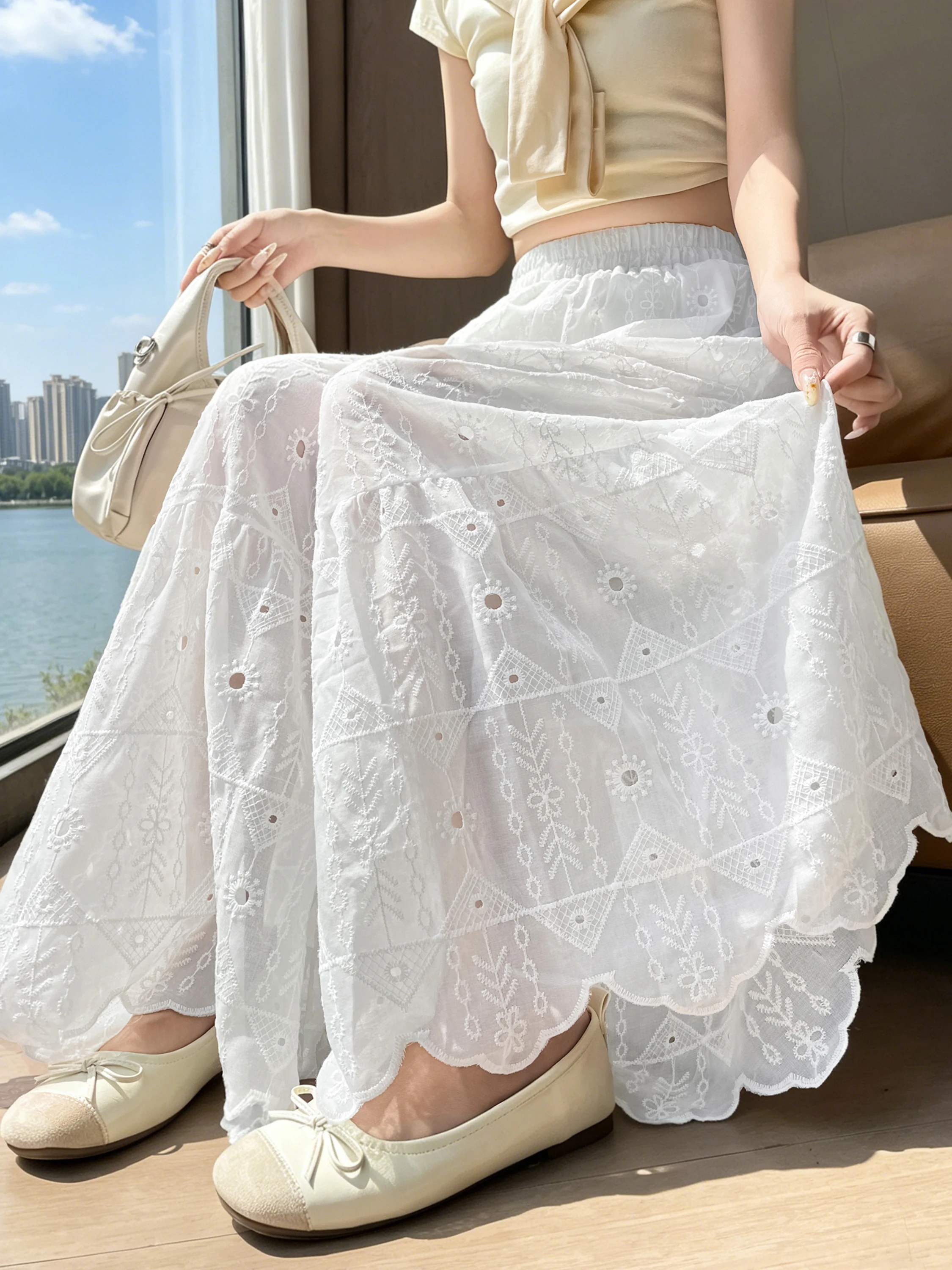 

Lace Trim Hollow Wide Leg Pants Women Summer New Small Size Loose Casual Drapey Skirt Thin Nine Points Pants Korean Style