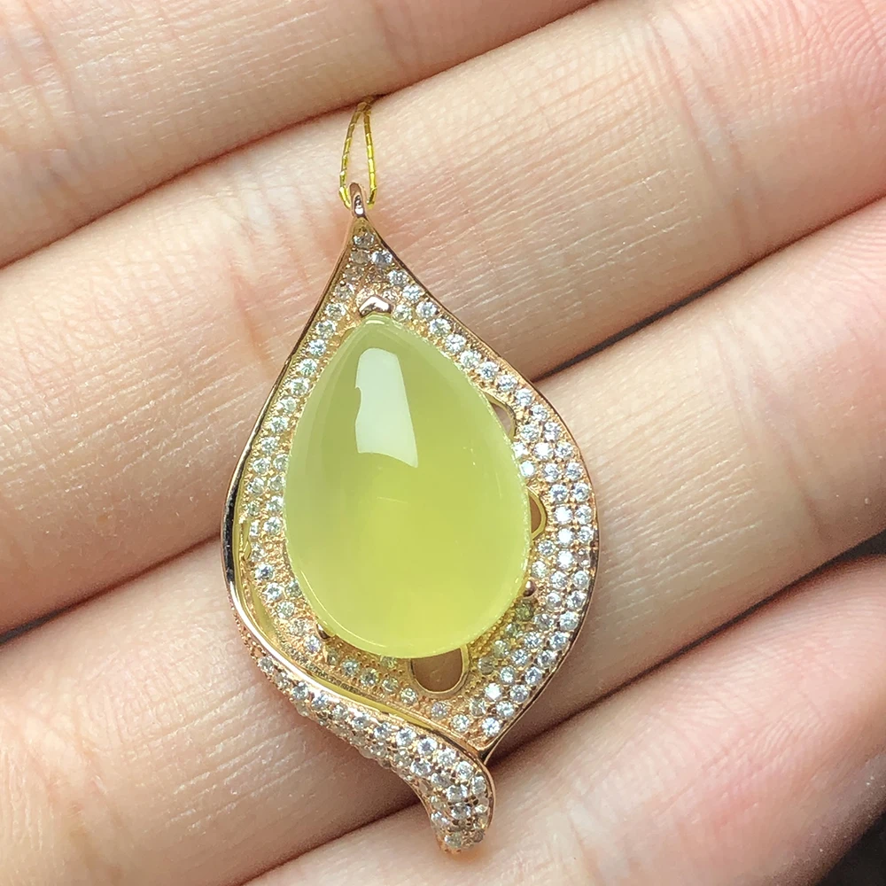 Natural yellow prehnite silver 925 pendant cut gemstone with flowers Vintage carving style fine jewelry