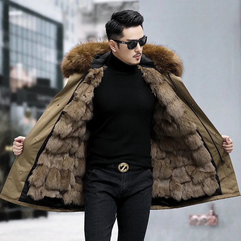 

Hot Sales 2023 Men's Thickened Warm Parka Mid Length Detachable Fox Fur Lining Raccoon Fur Collar Winter Fashion Fur Coat