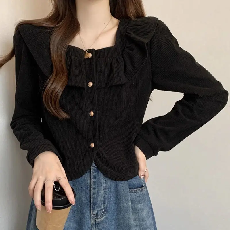 French Lotus Leaf Collar Long-sleeved Sweater Women Corduroy Autumn and Winter New Unique Top