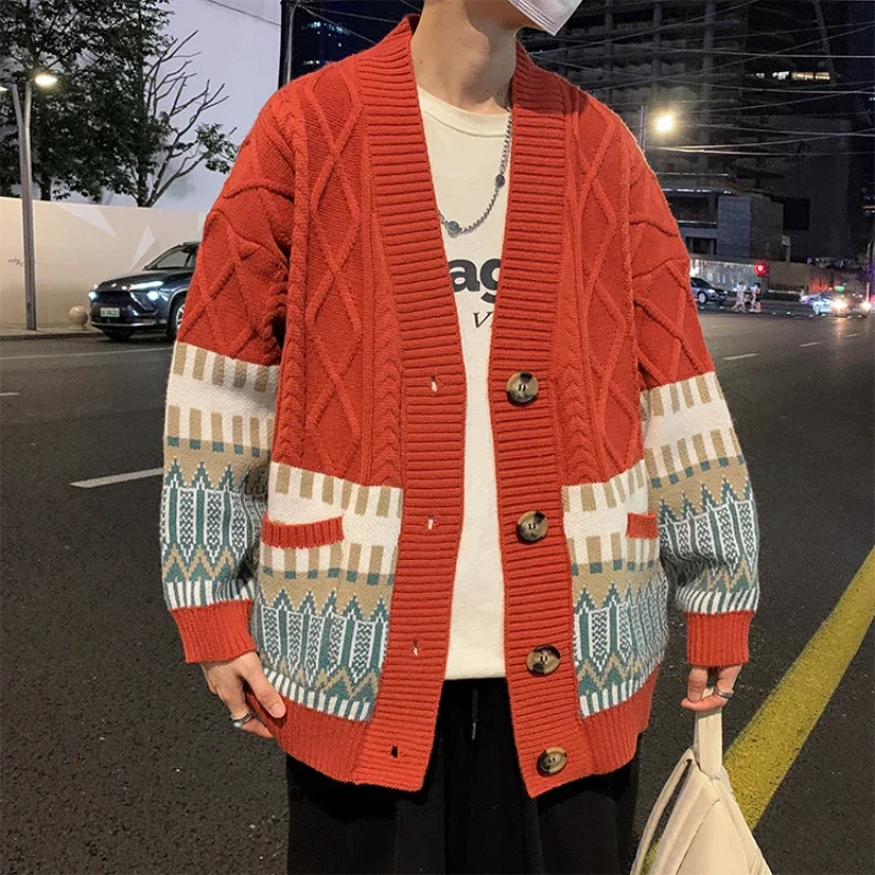 Design Cardigan Men Pockets Warm Winter Sweater Retro Ins Japanese Unisex Button Up Knitwear Teens All-match Harajuku Stylish