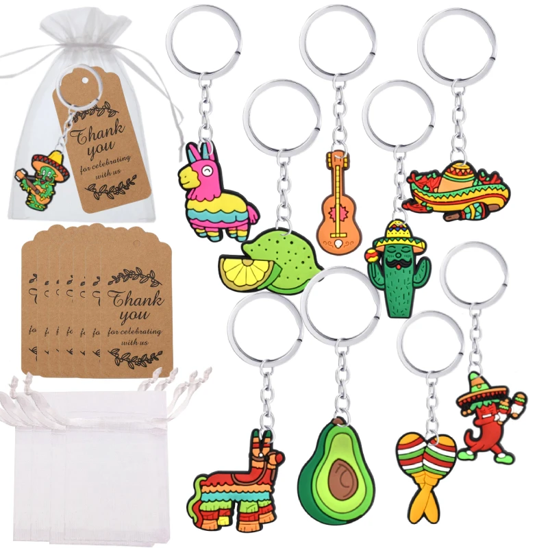 Cinco de Mayo 10 Sets Mexican Keychain Fiesta Party Favors Party Gifts Cactus Keychain Organza Bag for Party Supplies