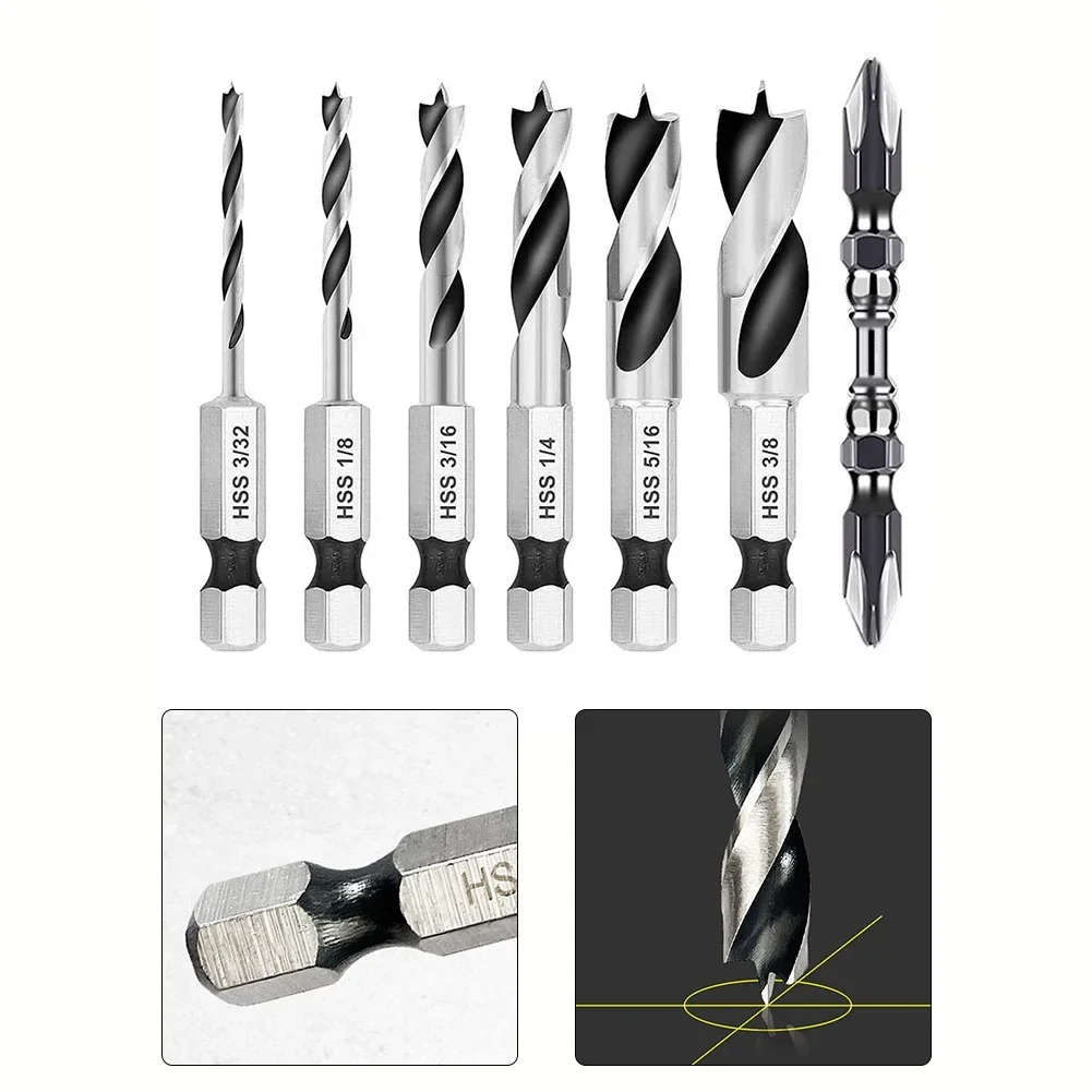 6pcs Three-point Drill Bits With Screwdriver Bit Set 1/4Inch Hex Shank Woodworking Drill Bit 3/32