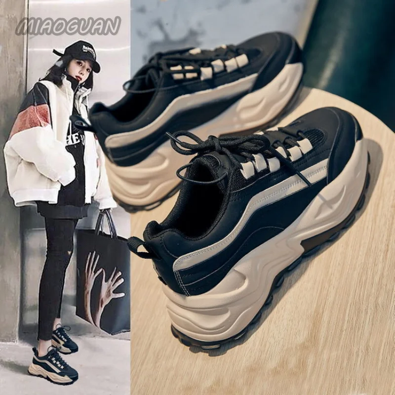 Sneakers Women Spring Women\'s Sneakers Height Increasing Beige Black Autumn Chunky Shoes Leisure Shoes Lace Up Zapatillas Mujer