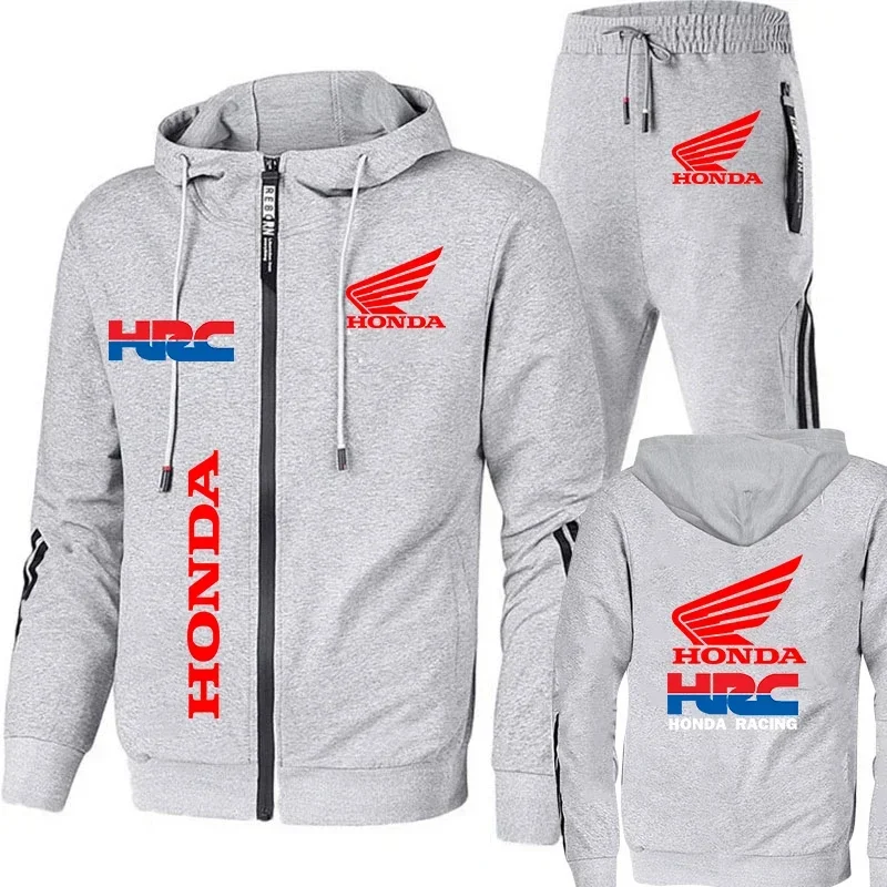 Honda Hoodie ชุดเสื้อผ้าผู้ชาย Honda ปีกสีแดงและ HRC โลโก้พิมพ์ผู้ชายฤดูใบไม้ร่วง Zip Up Hoodies + กางเกงชุดผู้ชาย Honda เสื้อ