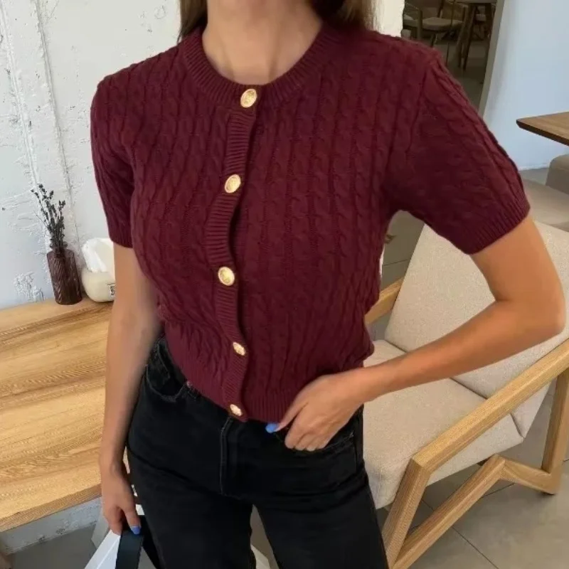 

Модный однотонный свитер с короткими рукавами, женский осенний новый тонкий вязаный кардиган с круглым вырезом, пальто, женские удобные повседневные топы