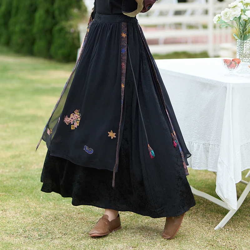 Ele Langer A-Linien-Rock mit Stickerei, hoher Taille, elastische Taille, National Sle Vintage Big Swing-Rock für Damen