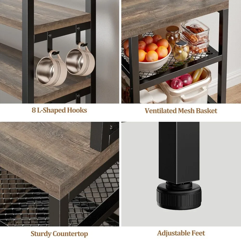 

Bakers Rack, 6 Tier Microwave Stand, Coffee Bar Organizer with 8 L-Shaped Hooks, Kitchen Shelves with Large, Customized