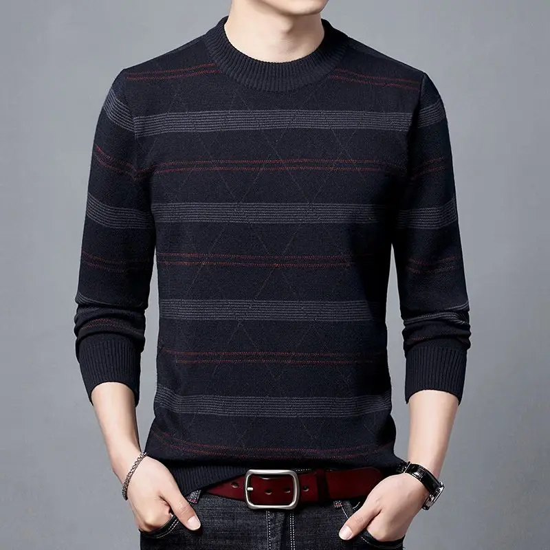 Autumn Winter Thicken Men Clothing Stripe Sweater Korean New Jacquard Long Sleeve Fashion Casual Knitted Pullover Bottoming Tops