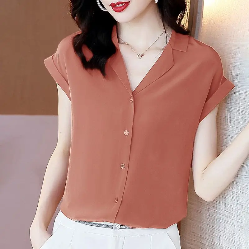 Ice Silk Chiffon Suit Collar Shirt for Women 2023 New Women's T-shirt High Street Ins Trend Fashion Short Sleeve