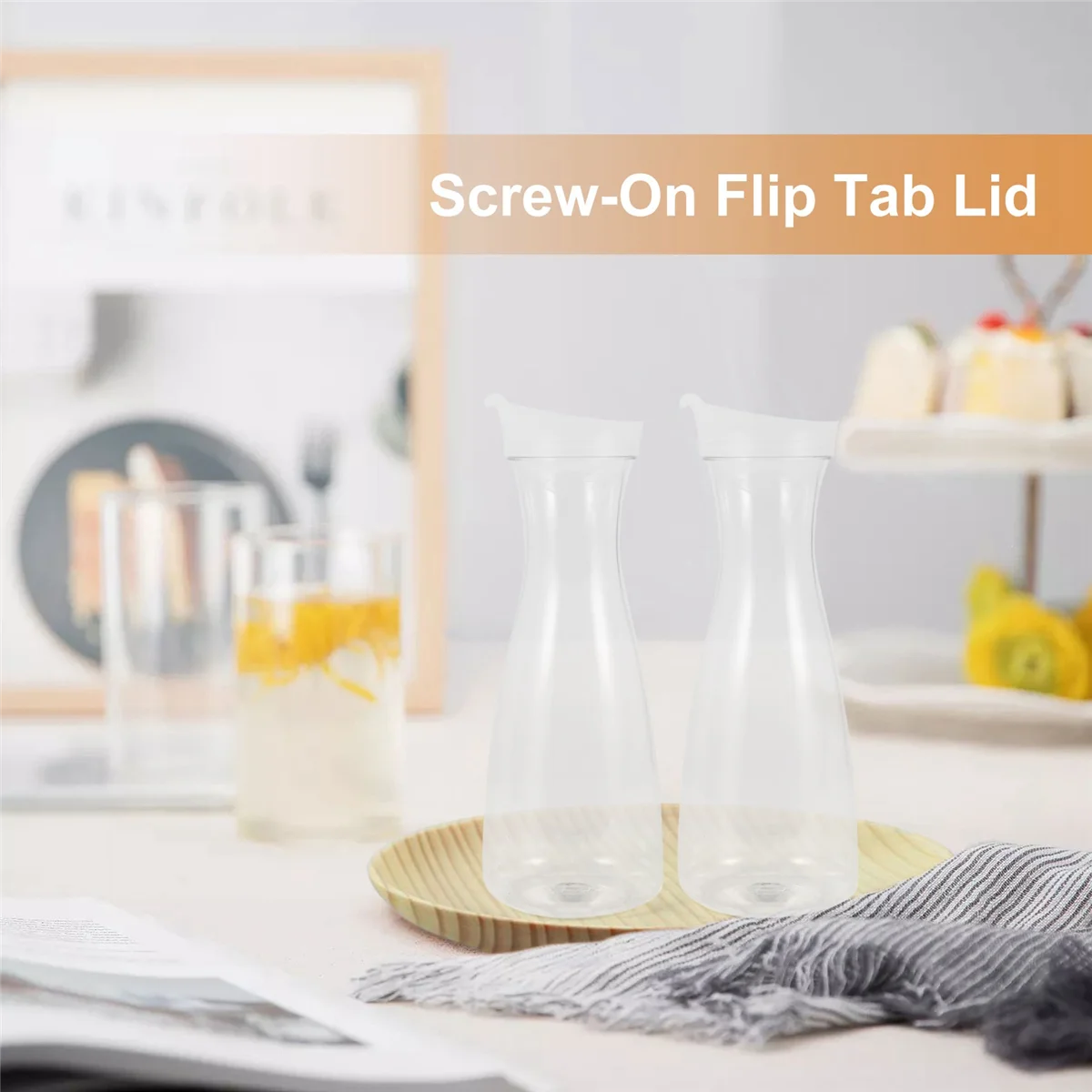 جديد 2 قطعة 1L أبواق مياه بلاستيكية مع أغطية علامة تبويب بيضاء قابلة للطعام وأباريق مقاومة للكسر قابلة لإعادة التدوير - جرة عصير #6