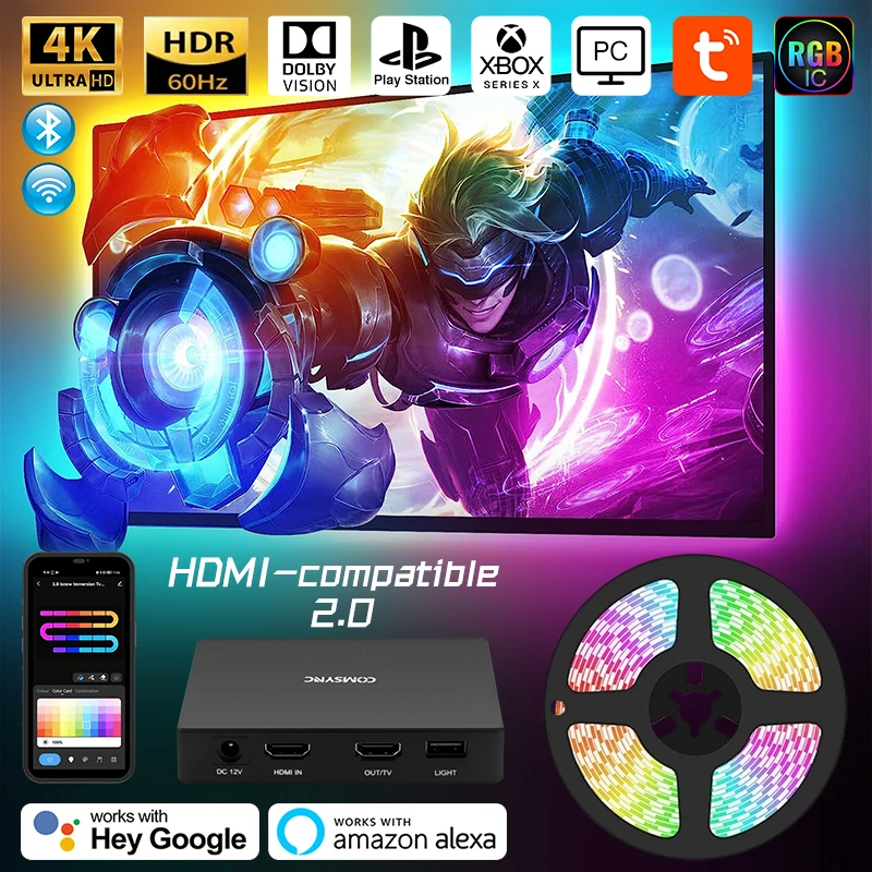 

Smart Ambient TV LED Backlight For HDMI-Compatible 2.0 Device Sync Box Led Strip Lights Kit Wifi Alexa Google Assistant Control