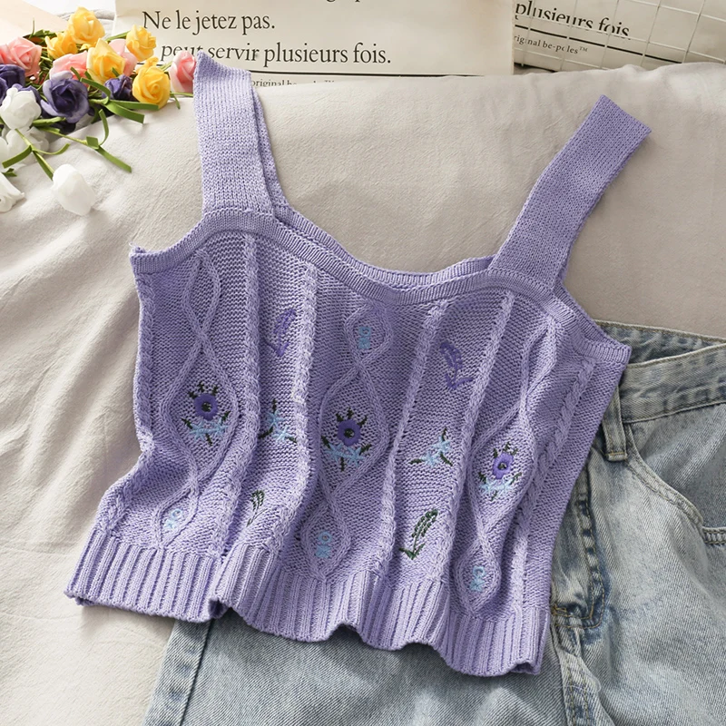 2023 Summer Women sexy Flower Embroidery Knitted Crop Tops Women Casual Tube Tops Casual Ribbed Cute Tops Crop Tops Women