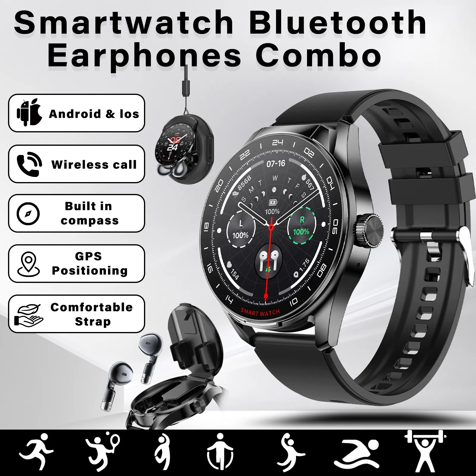 

2026 Men Smart Watch 2 in 1 with TWS Earbuds 1.46" HD Screen Bluetooth Calling Fitness Tracker Heart Rate Monitor