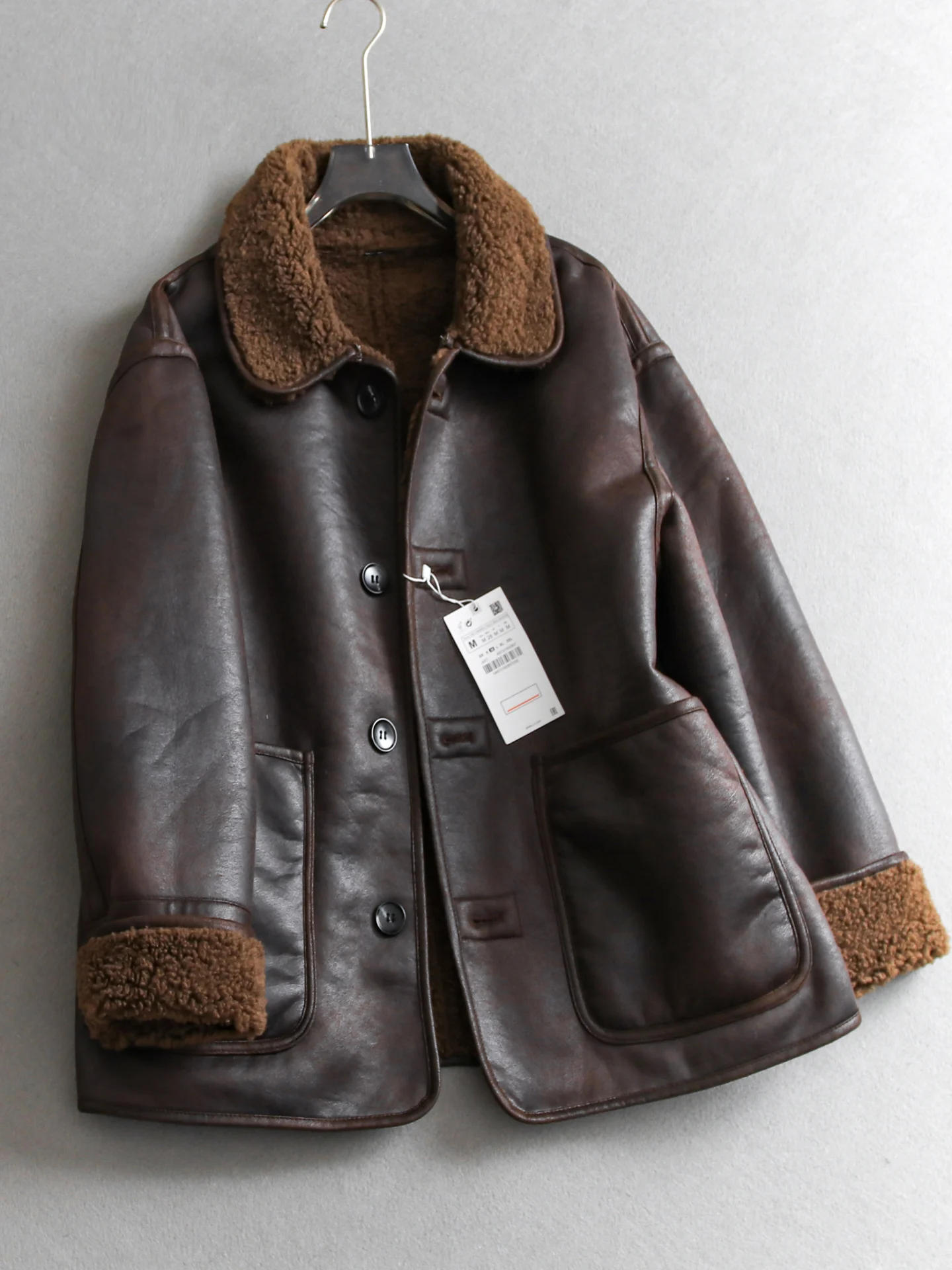 

Double-Sided Wear Pure Color PU Leather Jacket Thick Warm Loose Slimming Long Sleeve Women's Fashion Retro Style Coat Q580