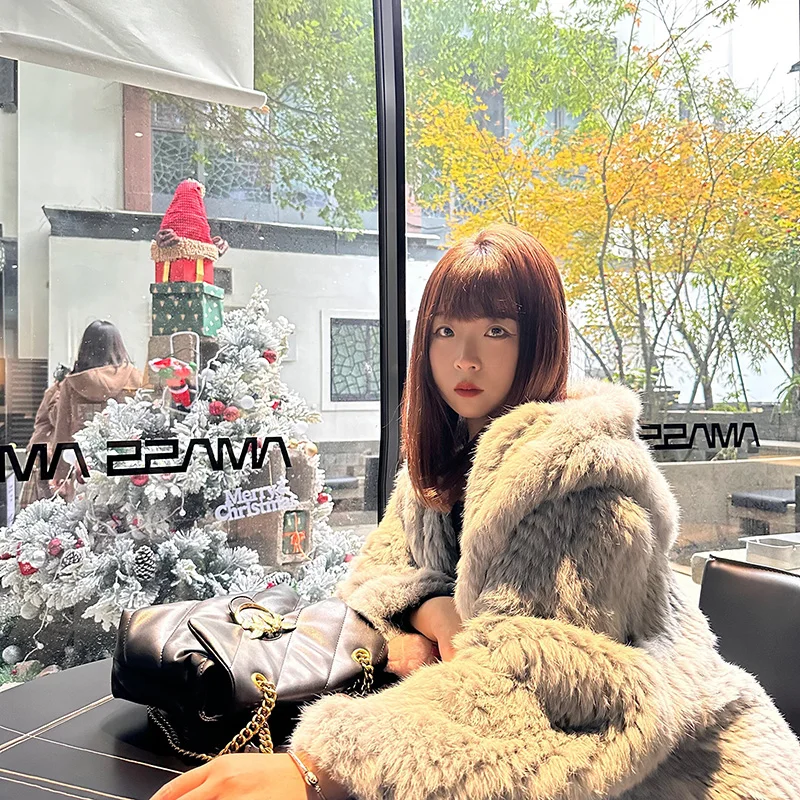 Long Sleeve Casual Loose Knitted Real Rabbit Fur Hooded Coat Women Genuine Natural Rabbit Fur Outwear Female Fur Jacket