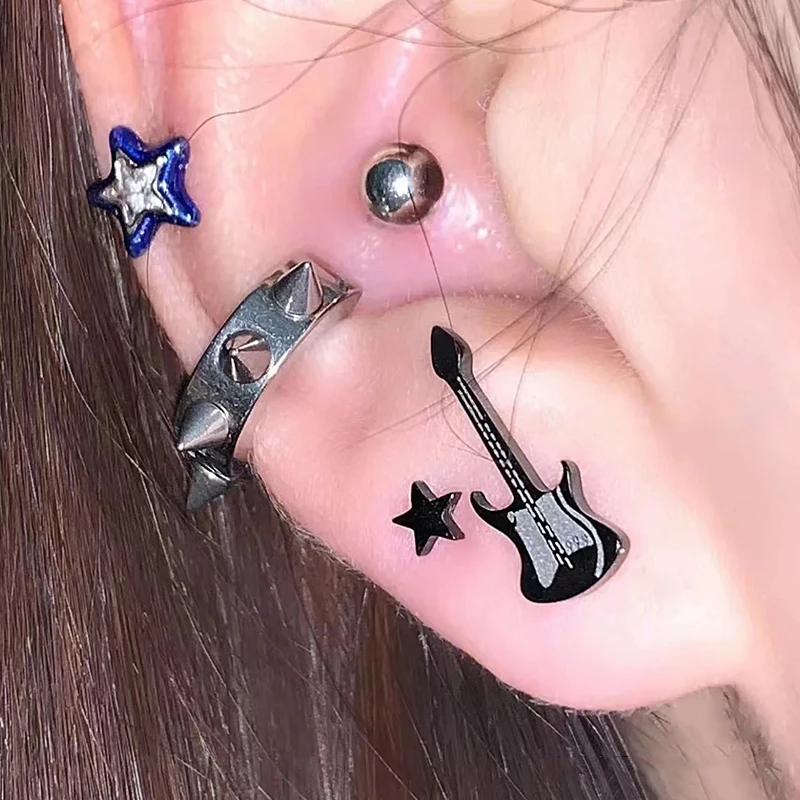 Grunge Jewelry Star Guitar Studs Punk Charm Titanium Steel Earrings Men Women Goth Accessories Punk Cool Korean Fashion Earrings