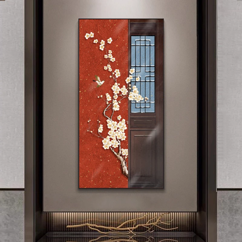 

New Chinese Plum Blossom Canvas Poster Chinese Red Art Painting Auspicious Wall Decor for Hallway Corridor Entryway Print