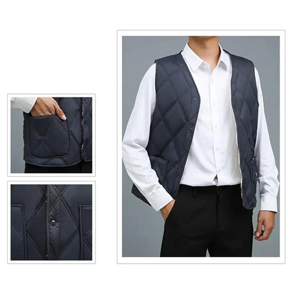 Quilted Waistcoat Snap Button Vest Men's Velvet Quilted V-neck Waistcoat with Plush Lining for Stylish for Warmth