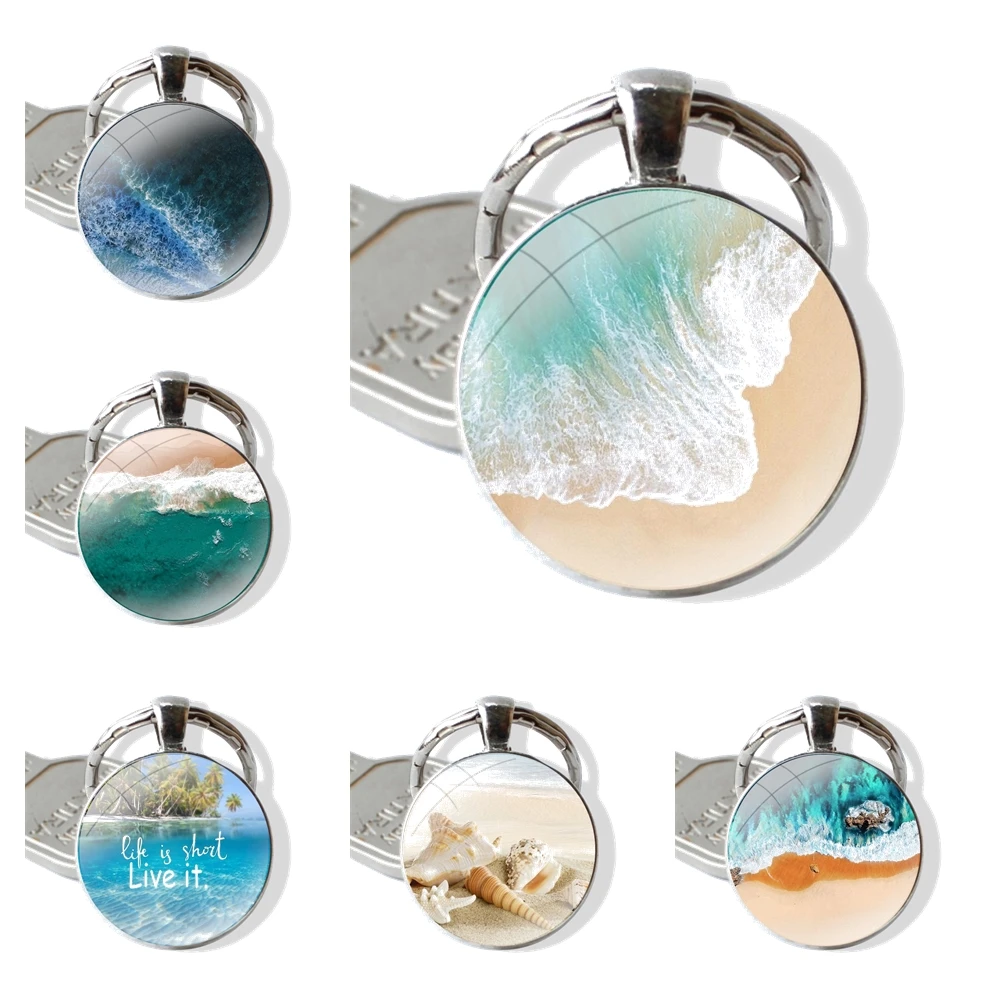 Beach turquoise sand ocean 25mm Glass Cabohcon Keychain Key Rings for Women Men Jewelry Gift