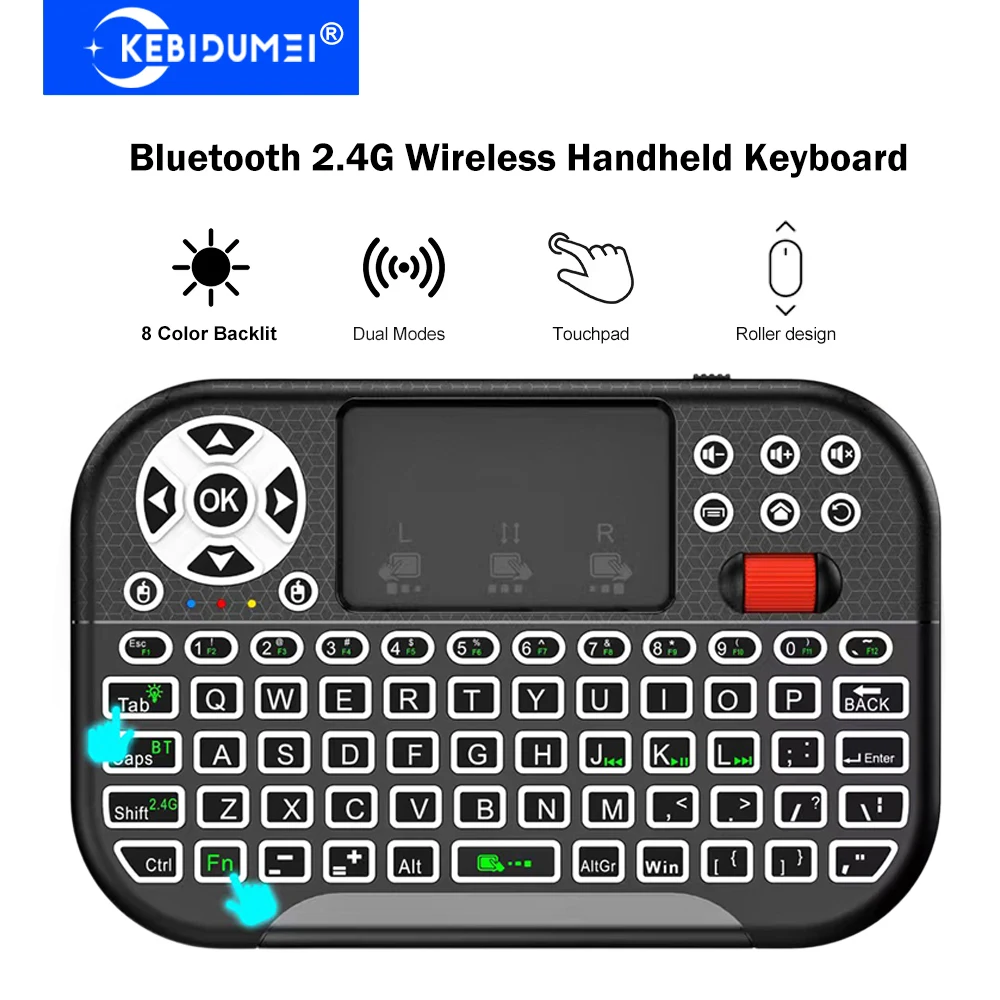 KEBIDUMEI 8 RGB Mini Wireless Keyboard with Roller Touchpad 