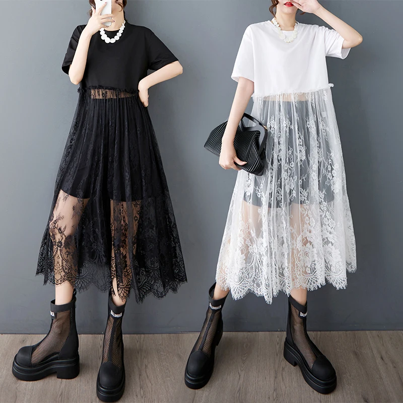 

Новое летнее свободное модное кружево с вырезами, повседневное платье миди длиной, круглое Ne ort Sve, полиэфирное волокно