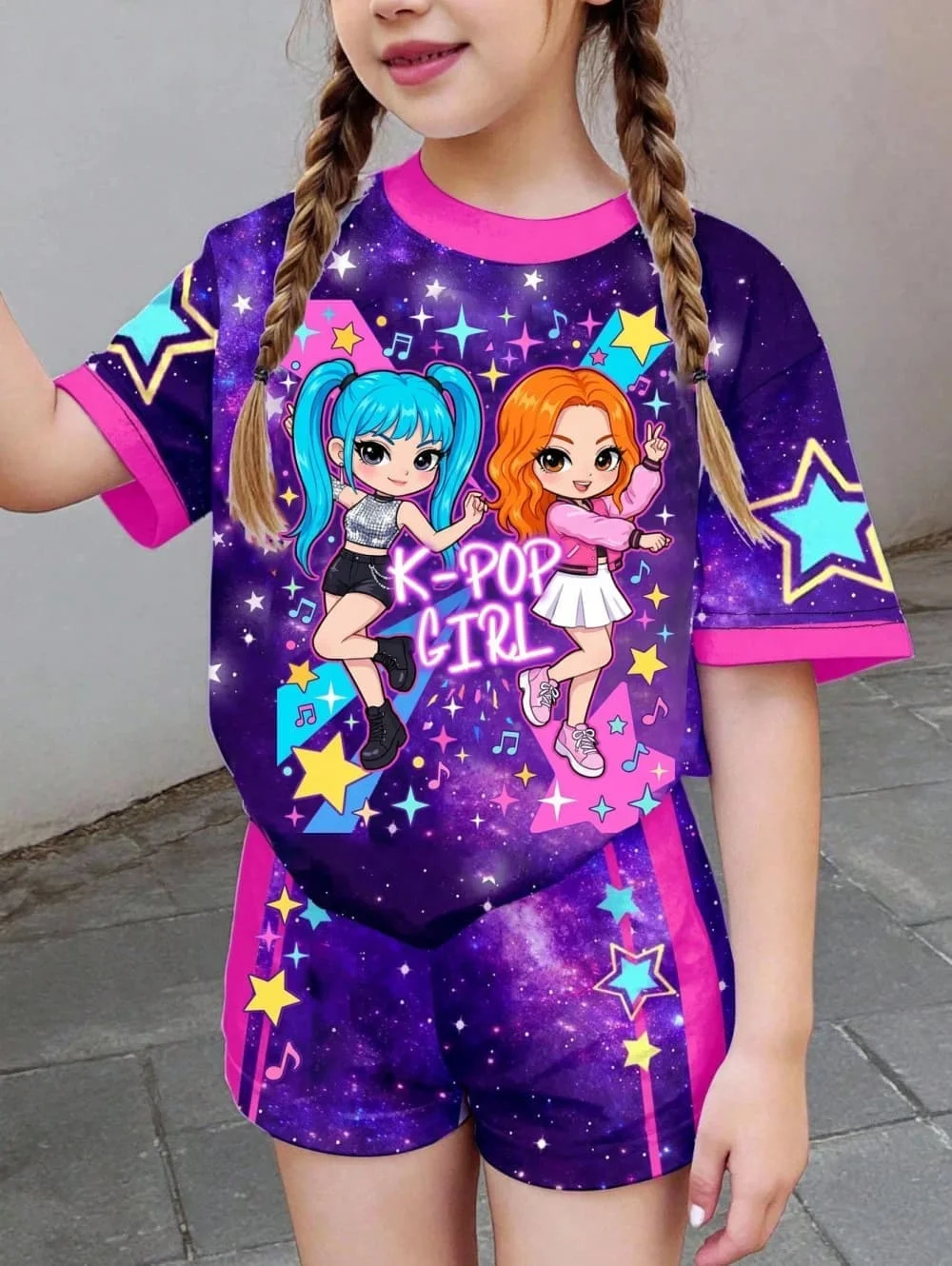 Kpop Cartoon Grafik Mädchen T-Shirt und Hosen Set Mädchen Sommerkleidung Niedliches Kurzarm-Set Kinder T-Shirt und Shorts Set – Detail 4