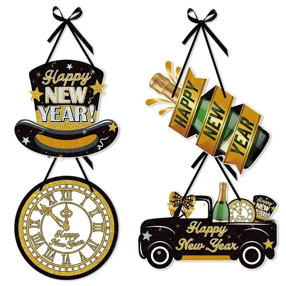 

2025 New Year Door Pendant Black Golden Champagne Clock Cheer New Year 2025 Hanging Ornaments Happy New Year Party Decoration