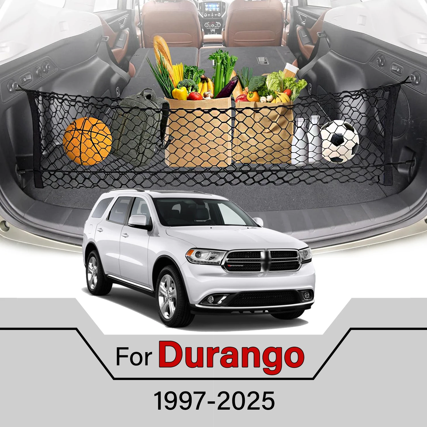 Rozciągliwa siatka bagażowa do samochodu, gadżety samochodowe, regulowana elastyczna siatka do bagażnika z haczykiem do Dodge Durango 1997-2025