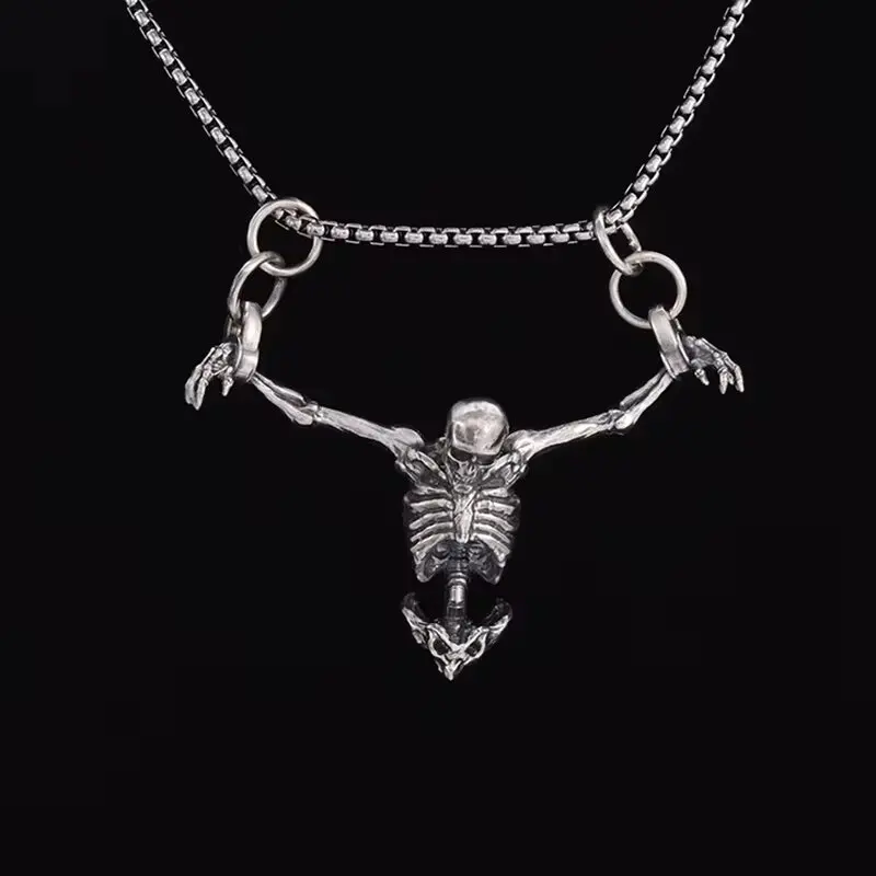 Silver Color Upper Body Skull Pendant Men\'s Biker Punk Necklace Gothic Alternative Casual Jewelry