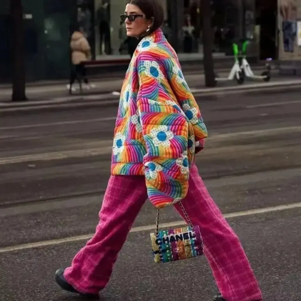 

Rainbow Flowers Quilted Jacket Women's Fashion Autumn Winter Coat Cotton Outerwear