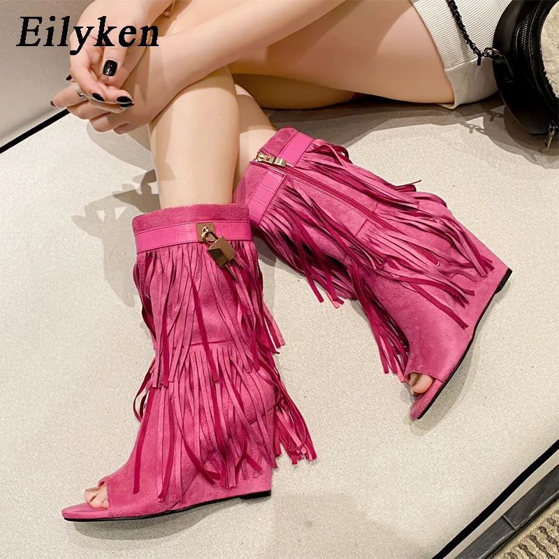 Eilyken-sandalias de cuña con flecos para mujer, zapatos de tacón alto con punta abierta, sexys, con cremallera, para fiesta y graduación, 2024