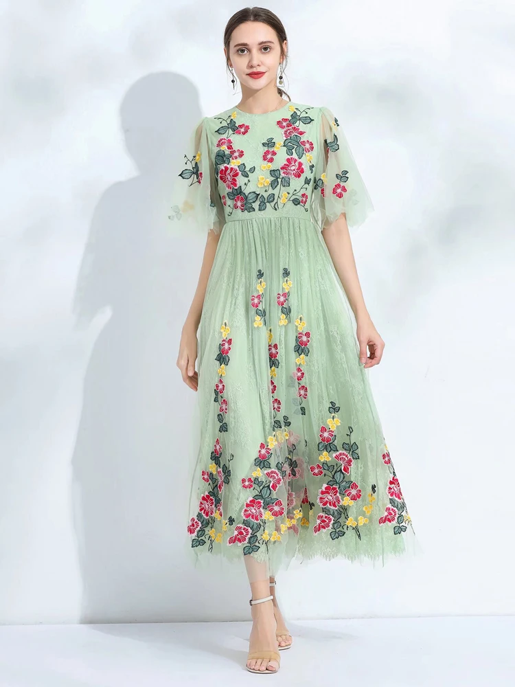 

SEQINYY Elegant Midi Dress Summer Spring New Fashion Design Women Runway High Street Vintage Embroidery Flower Green Mesh A-Line