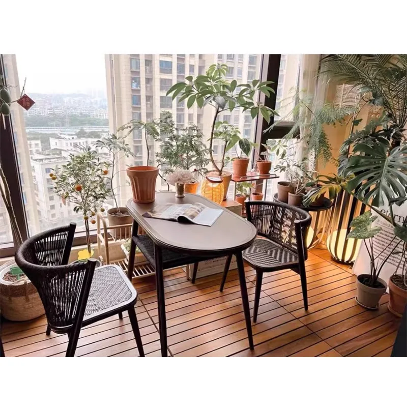 

Balcony table and chair leisure tea table and chair combination three-piece set of enclosure stove tea combination rattan chair