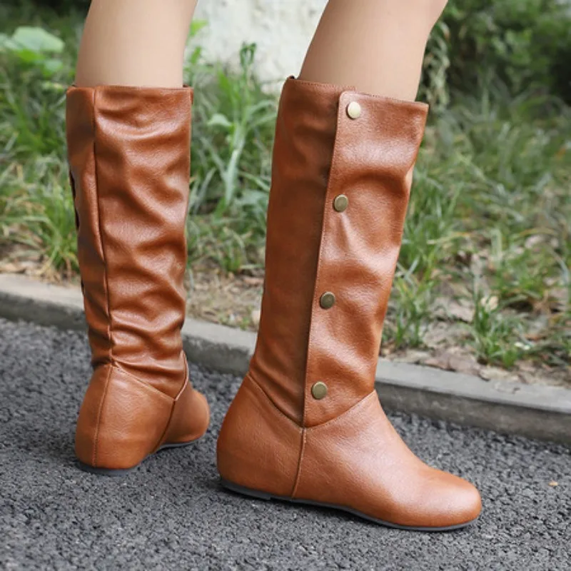 

Женские сапоги до колена в сложенном виде, каблук 4 см, на пуговицах, большой размер 46 47 48, вечерние Bota из искусственной кожи, мотоцикл Ridding 2025