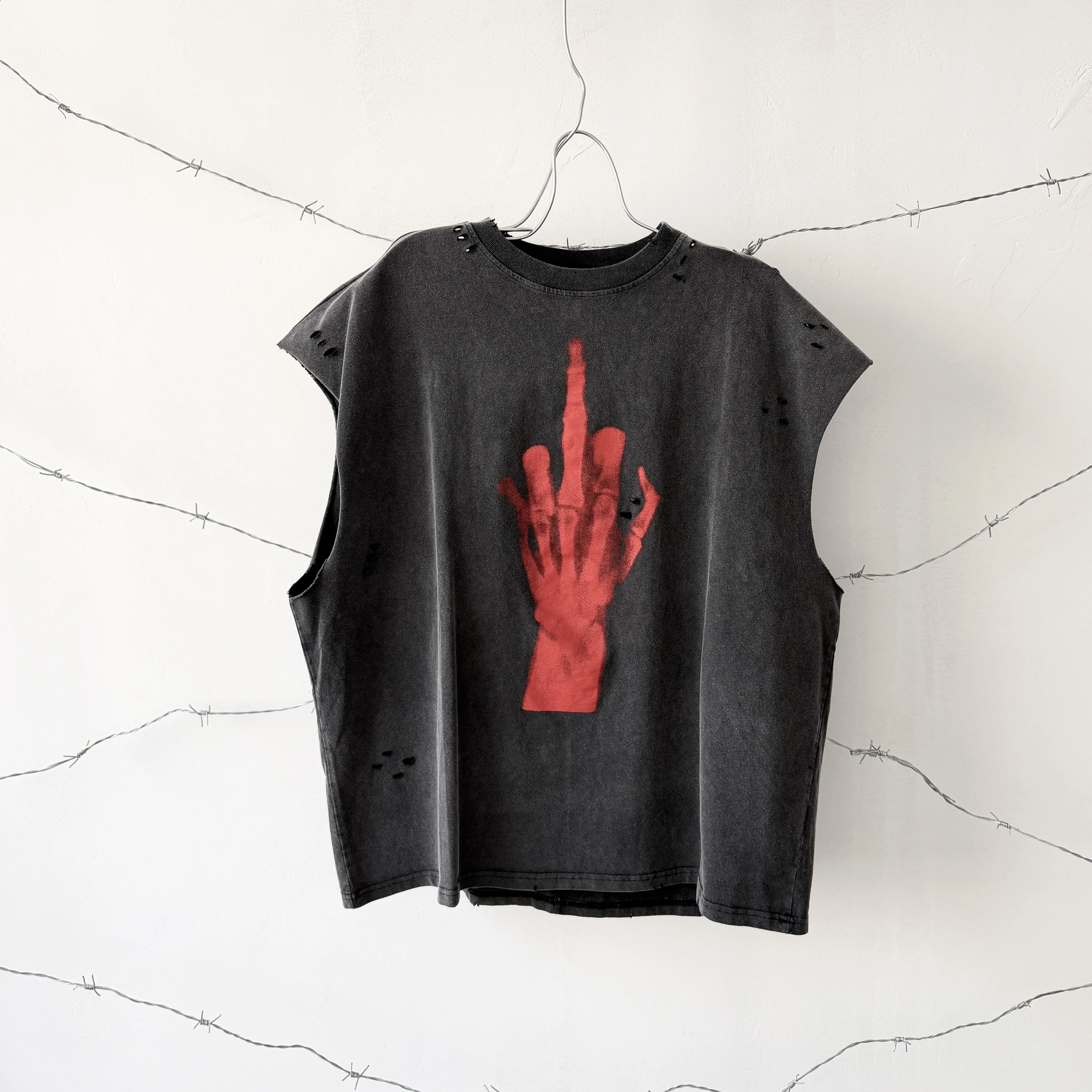 Vintage Washed Distressed Cut‑Off Tank Top Men Women Print Sleeveless T‑Shirt Hole Destroyed Streetwear Loose C