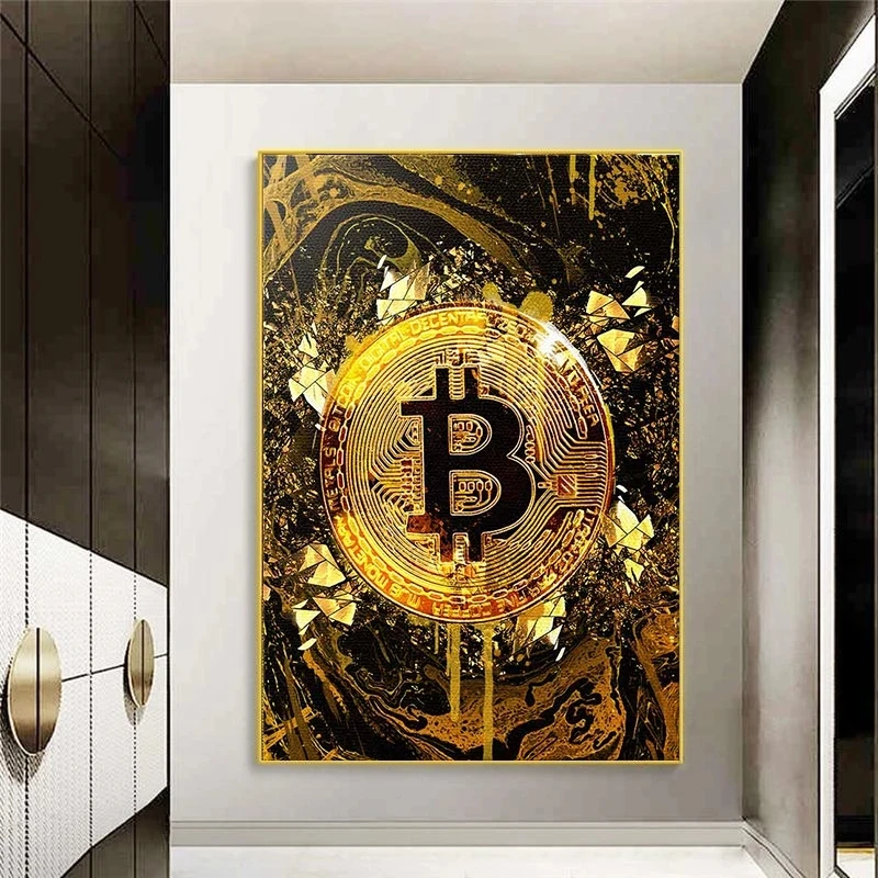 Golden Bitcoin Money Art Abstract Posters and Prints Wall Art Canvas Paintings Wall Pictures for Living Room Home Decor Cuadros