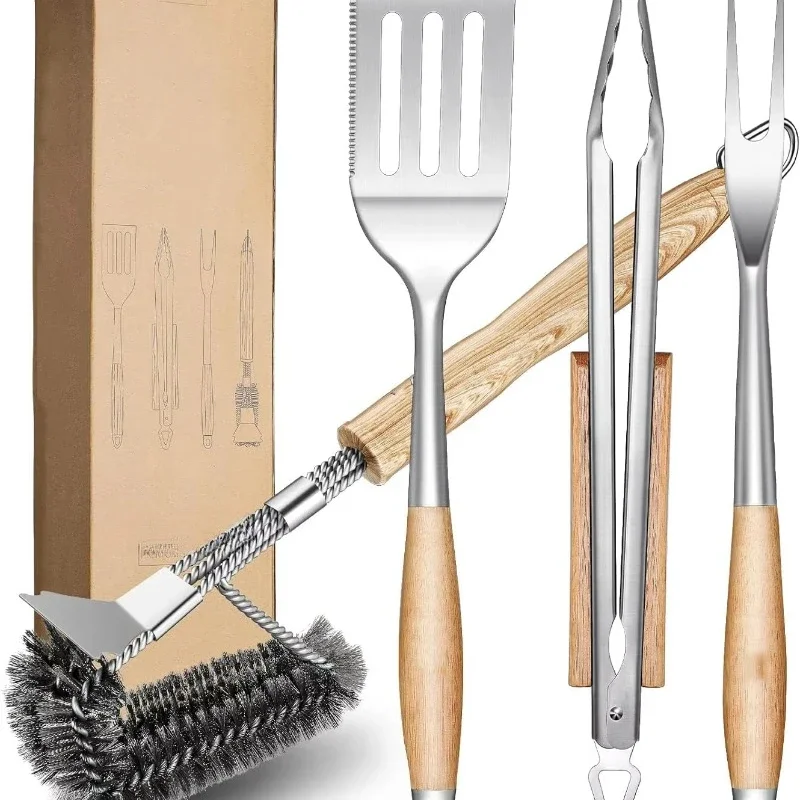 Heavy Duty BBQ Tool Set Outdoor BBQ Kit with Wooden Handle Spatula Clamp Brush Fork