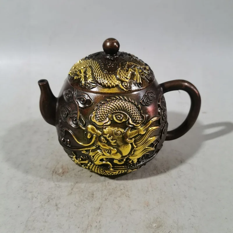 

Gilt copper auspicious dragon teapot ornament, creative tea pot, home decor, living room decoration, gift, craft item