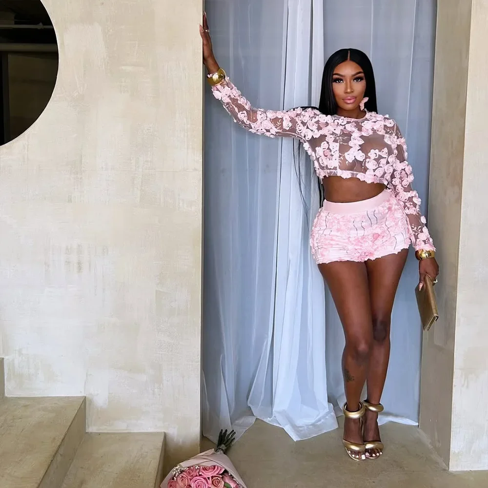 

Women Sexy Matching 2 Piece Set 3D Flowers See Through Mesh Long Sleeve Crop Tops And Shorts Fashion Party Clubwear Suits