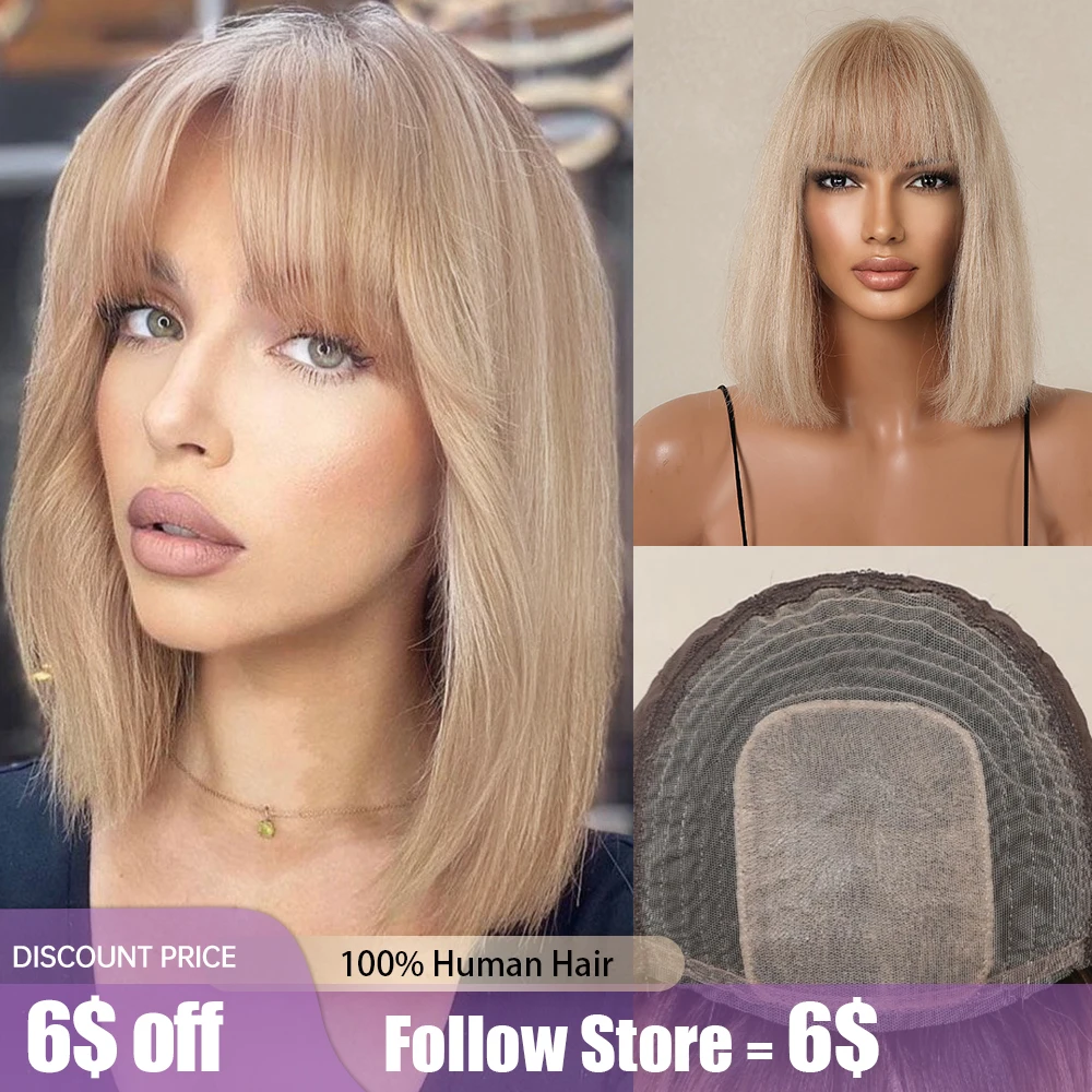 100% Remy Human Hair Honey Blonde Short Straight Bob Wigs with Bangs Human Hair Wig Machine Made 10inches Wig for Women Daiy Use