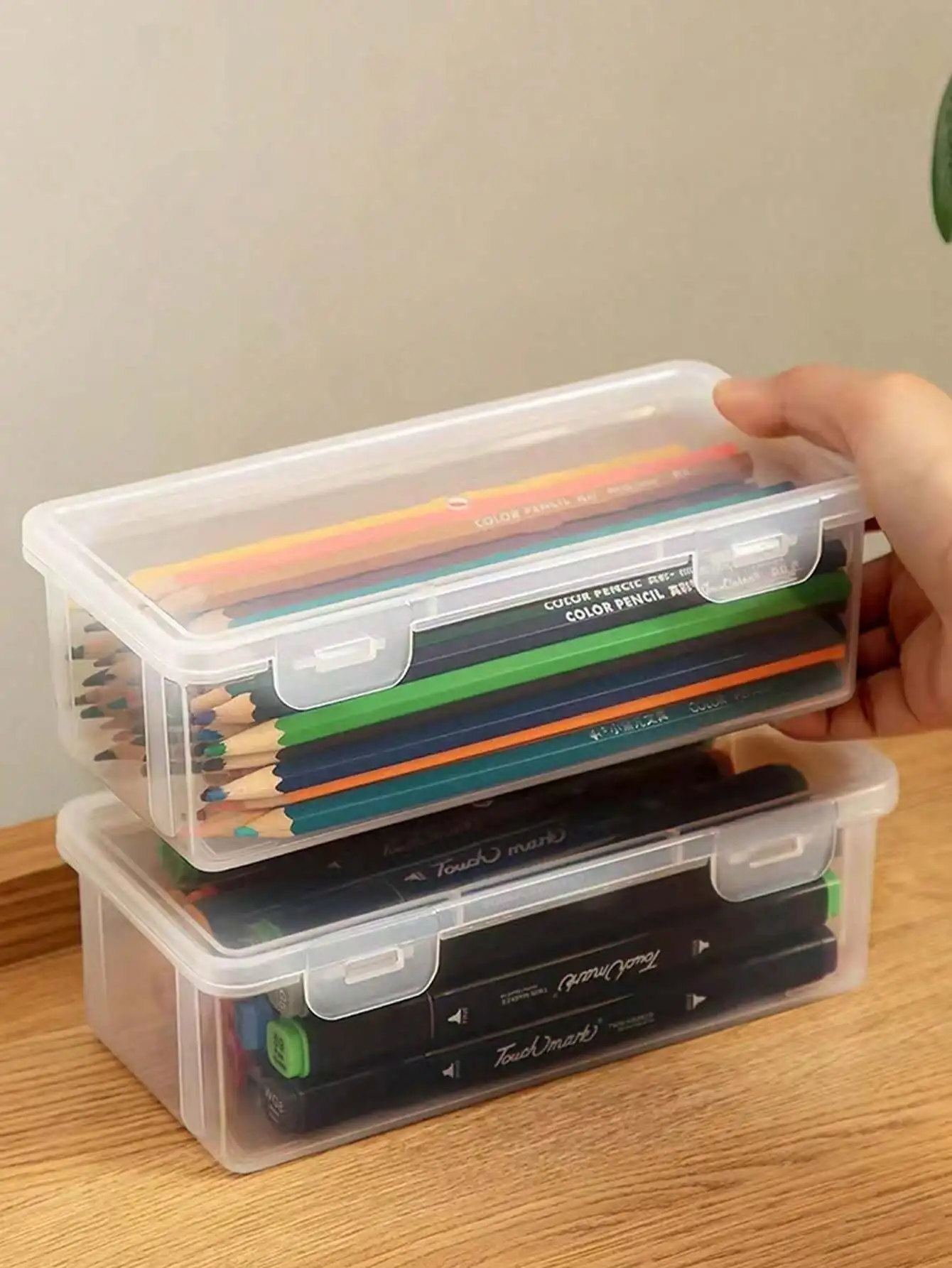 1 قطعة صندوق رصاص من البلاستيك ذو سعة كبيرة جدًا قابل للتكديس صندوق رصاص شفاف وشفاف صندوق منظم للوازم المكتبية لأقلام الجل E