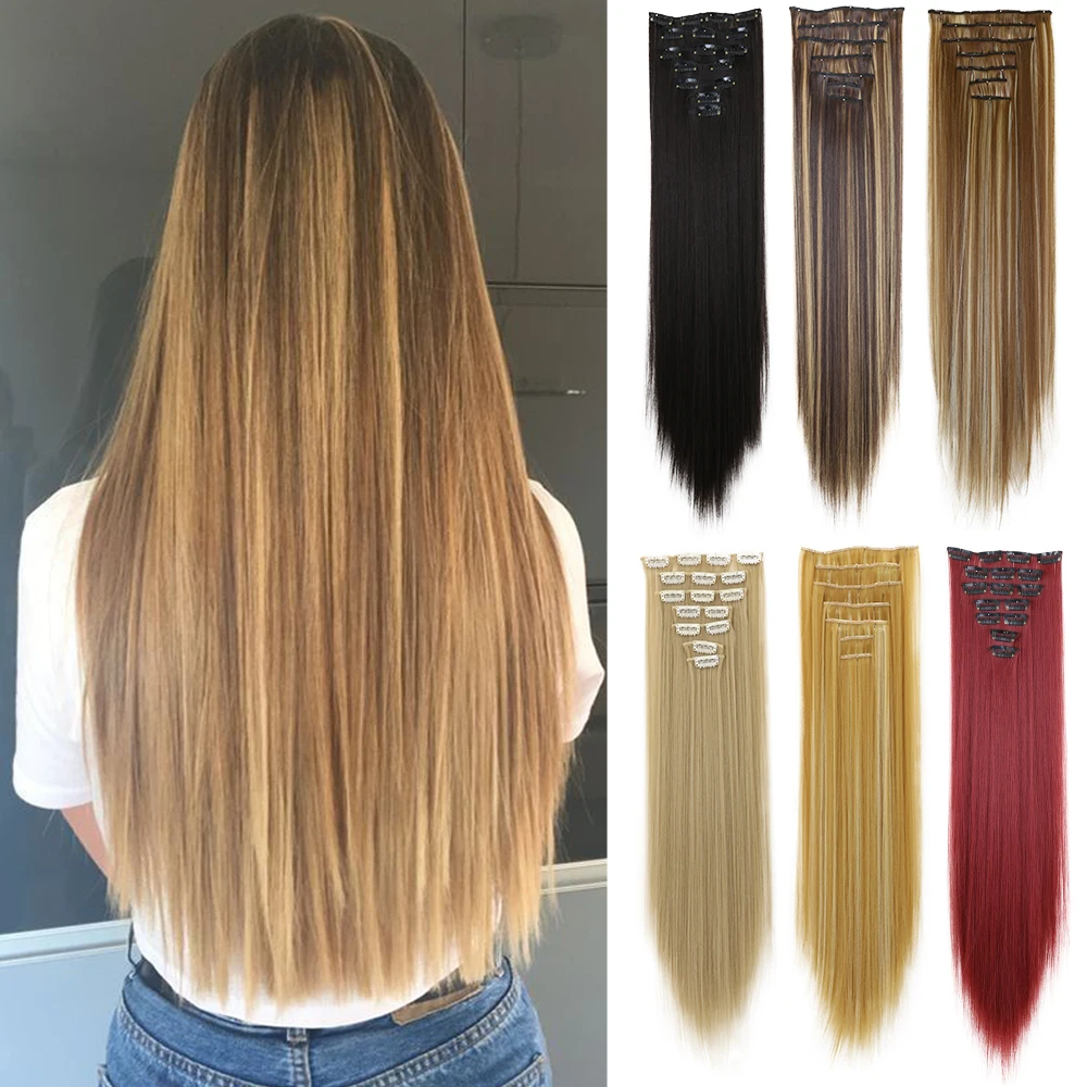 Long Straight Natural 16 Clip Na Extensão Do Cabelo 7 Pçs/Set 16 Clips Pedaço De Cabelo Sintético Para As Mulheres 24 Polegada 140Gram