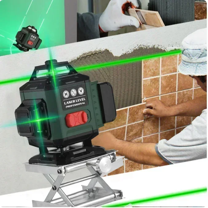 Laser Level 12/16 Lines 4D Self-Leveling 360° Horizontal and Vertical Cross Super Powerful 3000mAh Battery Green Laser Beam Line