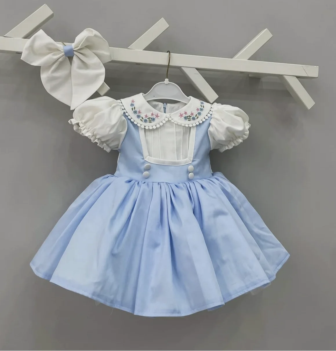 

0-12Y Baby Girl Summer Flower Printed Blue Turkish Vintage Lolita Princess Ball Gown Dress for Birthday Holiday Eid Photography