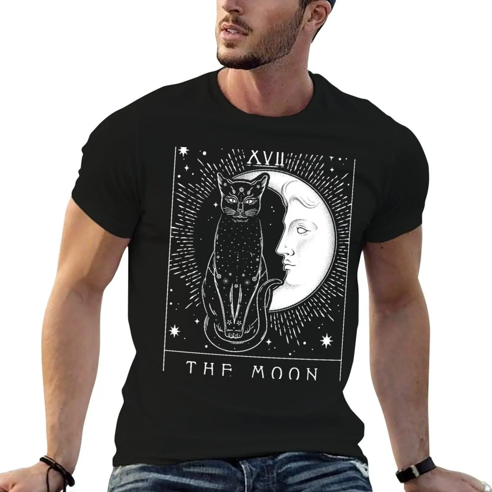 

Tarot Card Crescent Moon And Cat Graphic Long Sleeve T-Shirt essential t shirt man t shirt cotton high quality T-Shirt