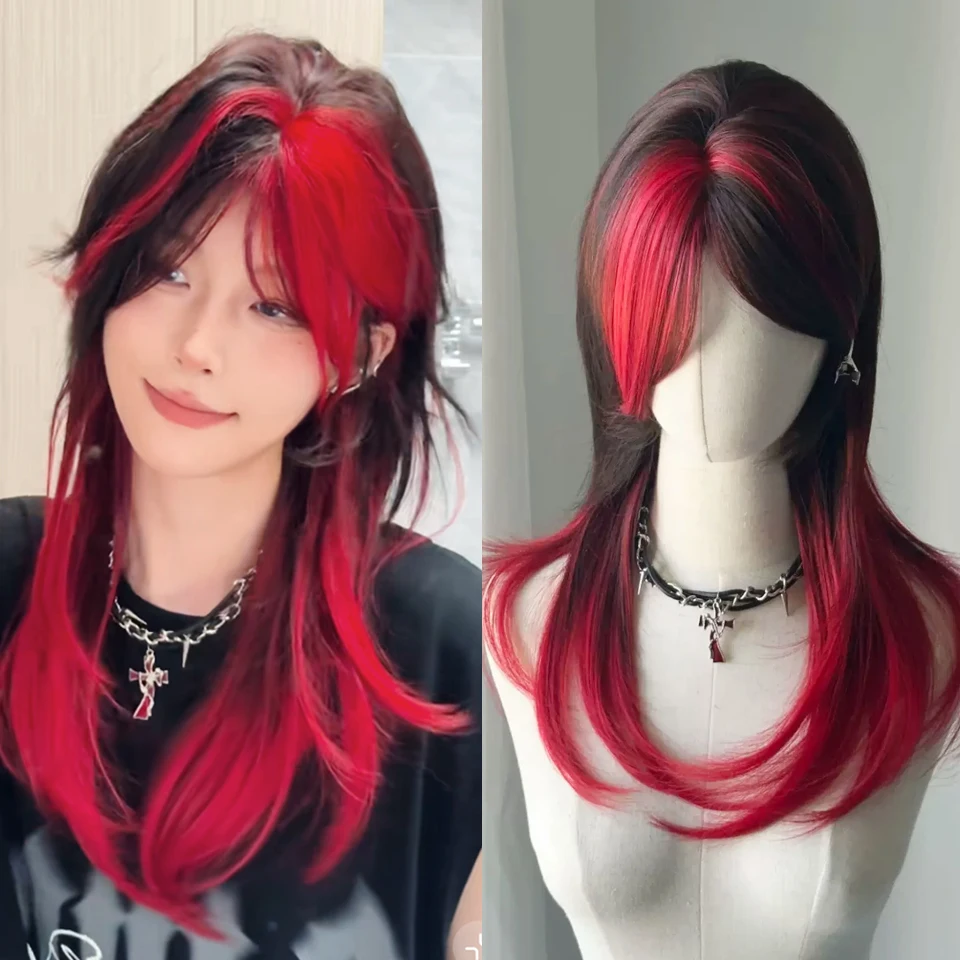 Black Gradient  Red Long Straight Synthetic Mullet Head Wig Wolf Tail Layered Fluffy Women Wig for Daily Party Lolita Cosplay