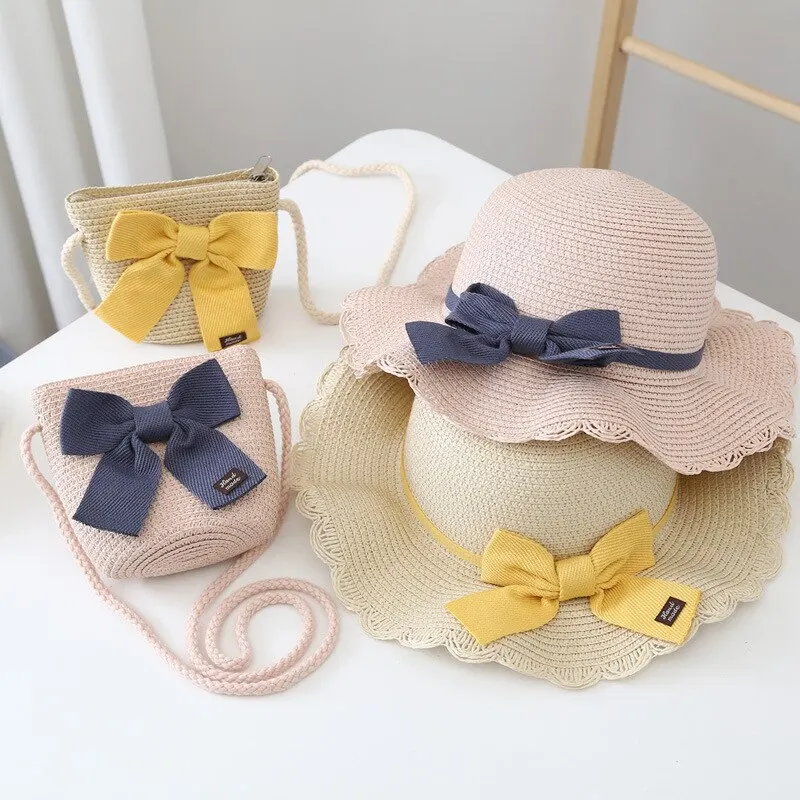 2 Pcs Children Straw Hat and Shoulder Bag Set Girls Summer Outdoor Beach Cap Cute Bow Travel Beach Sun Hat Bag