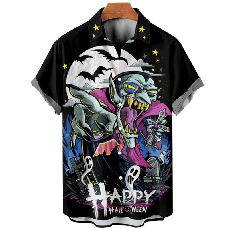 Halloween Pattern Hawaiian Men's Shirt Pumpkin Head Ghost 3D Printed Shirt Casual Short Sleeved Lapel Top Loose Shirt