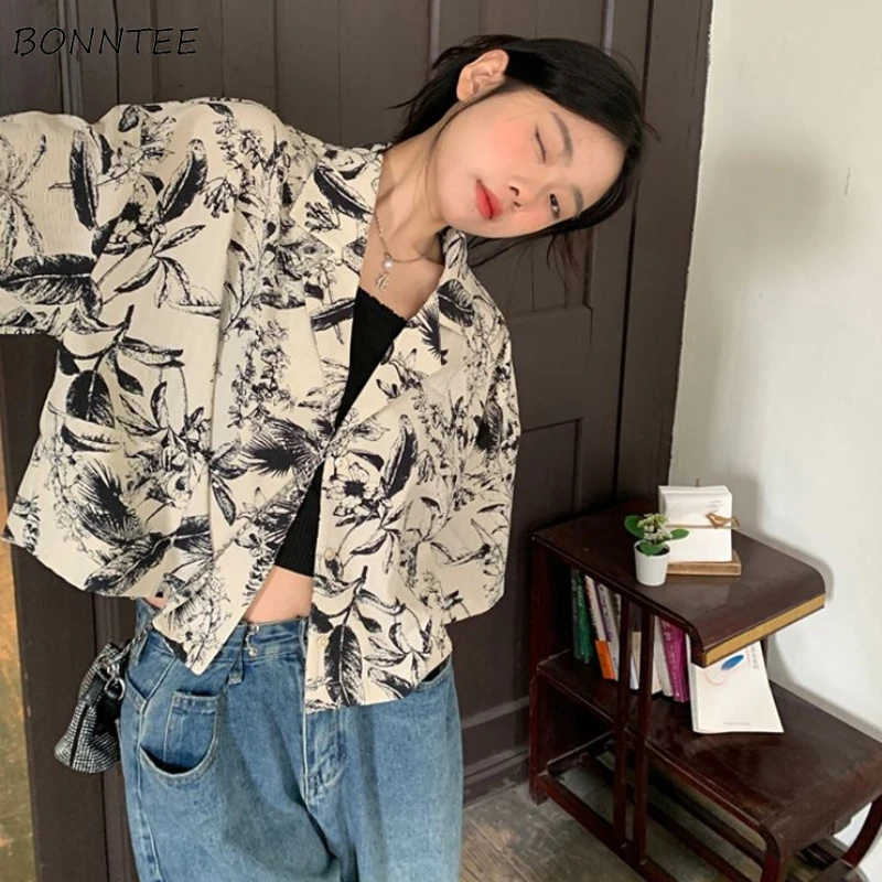 Shirts Women Korean Fashion Ink Painting Printed Sweet All-match Streetwear Short-sleeved Loose Fit Cropped Tops Summer Students